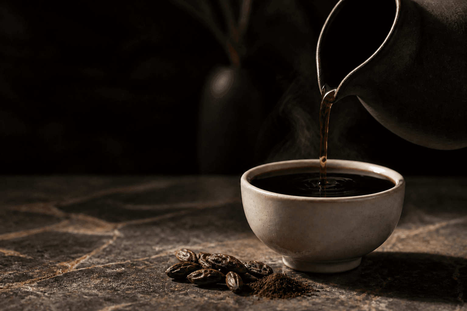 A dark roasted Palmé beverage being poured into a cream ceramic cup