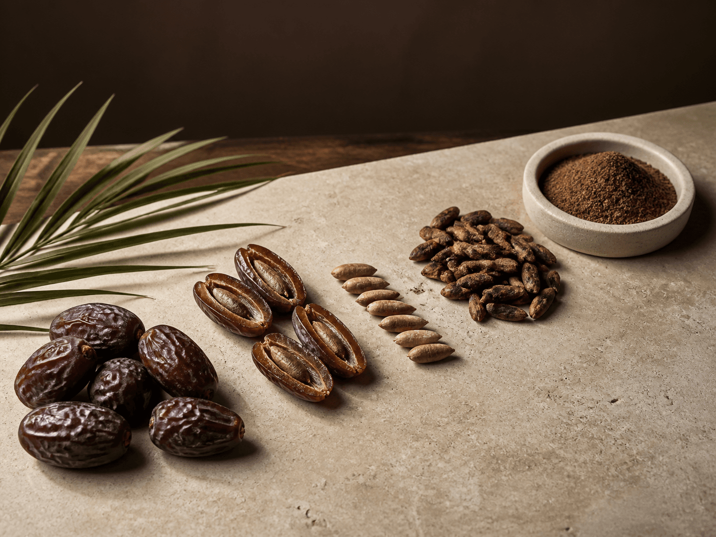 Dates, date seeds, roasted date seeds, and finely ground roasted date seed arranged on stone
