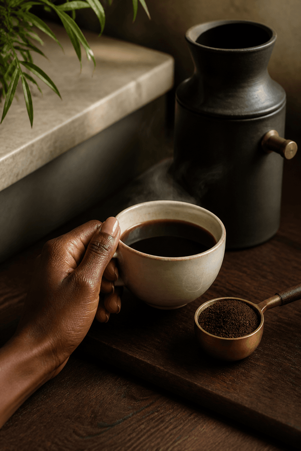 A brown hand holding a cream ceramic cup during a quiet Palmé ritual